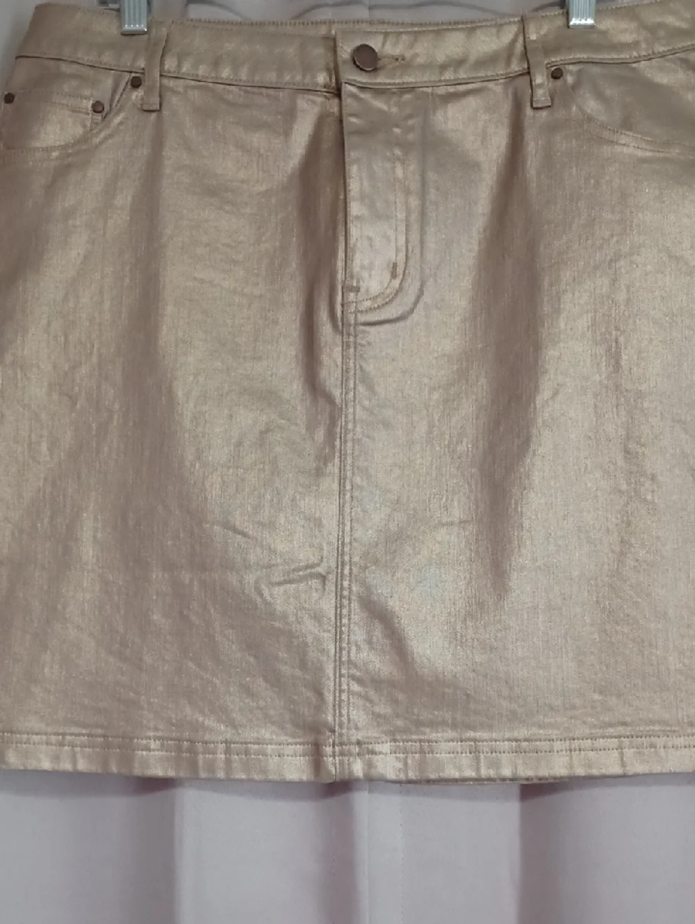Boden Gold Metallic Denim Mini Skirt 5 Pocket Zip Fly Button Closure Like New